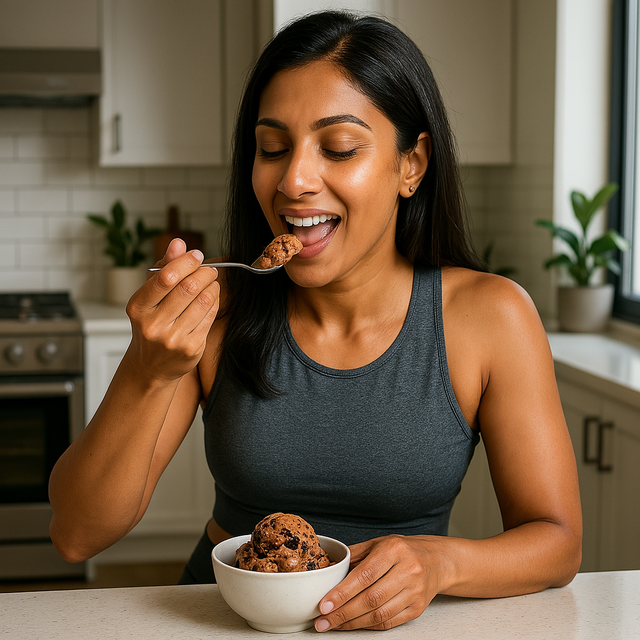 a woman eats high protein zero sugar ice cream from a bowl